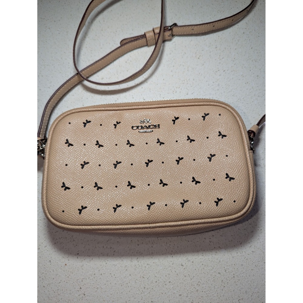 Coach Crossbody Bag Beige Leather Butterfly Laser Cut Double Zip Camera Bag Rare